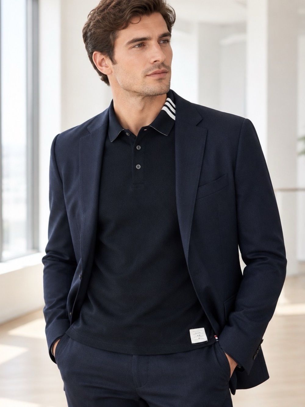 Navy Polo with Striped Contrast Collar